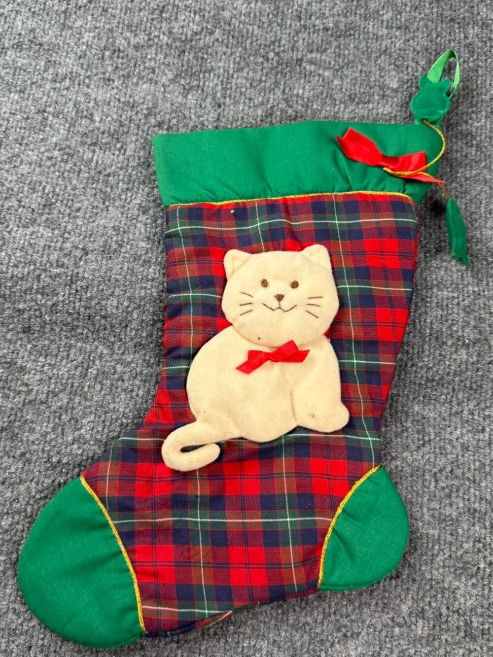 Vintage Plaid Cat Christmas Stocking 3D Stuffed Kitten Fish Charm Holiday Decor